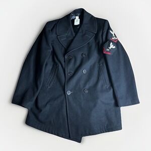 Vintage Sterlingwear Military Overcoat Mens 48L XL Black Wool DSCP Peacoat 80s